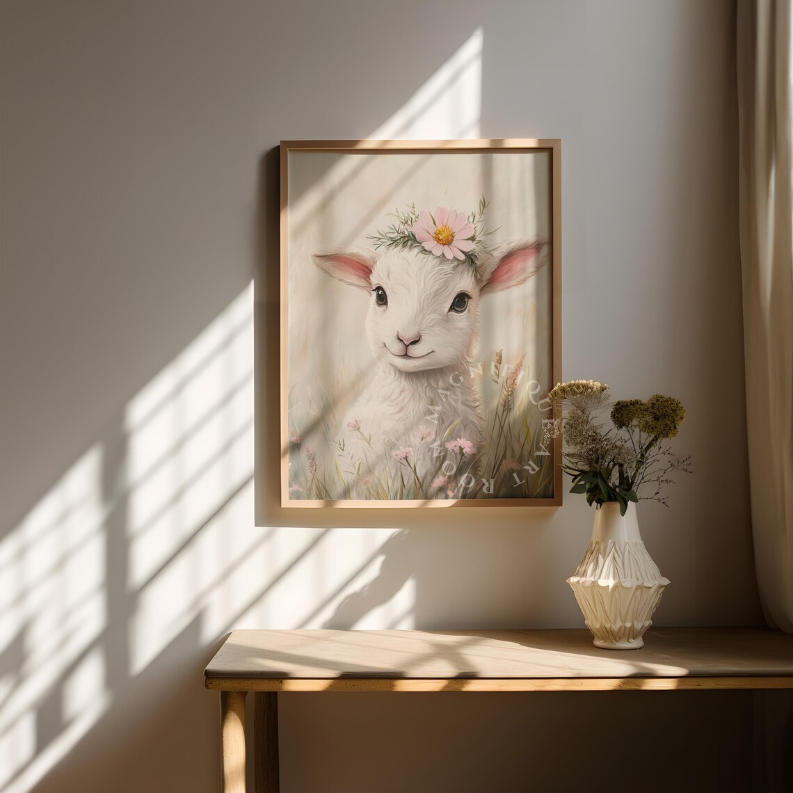 Cute White Lamb With Pink Flower Crown Nursery Watercolor Animal Print - Image 2