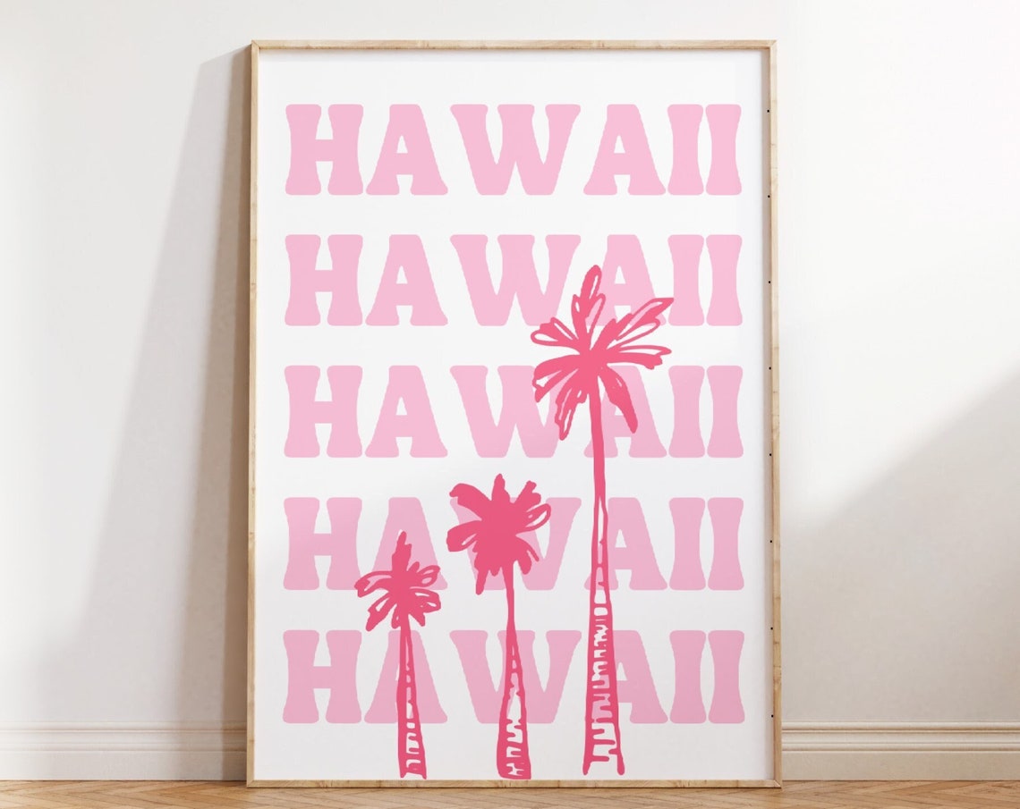 Hawaii Pink Palm Trees Repeat Typography Beach Travel Room Poster