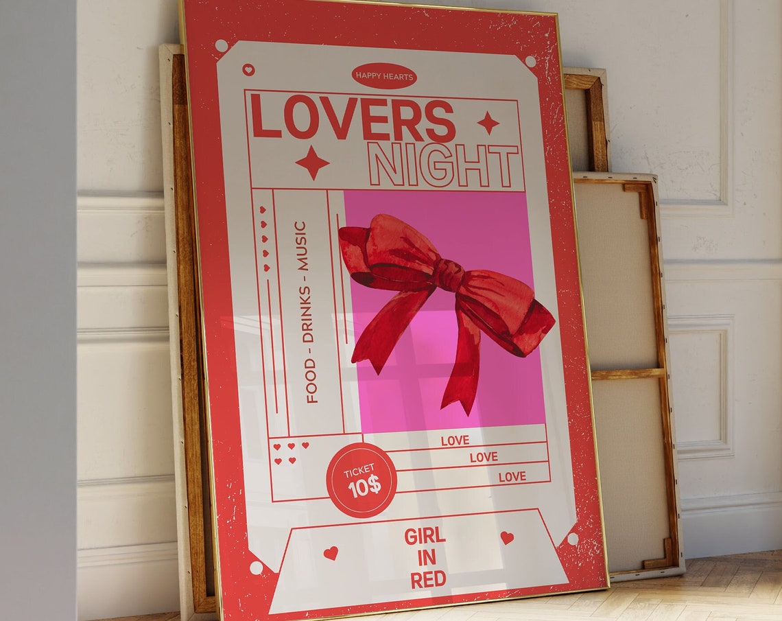 Lovers Night Ticket Stub Poster Red Bow Valentine Bar Cart Art