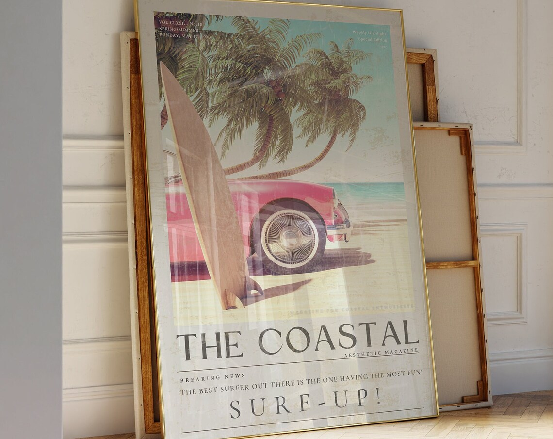 The Coastal Magazine Cover Poster Pink Classic Car Surfboard