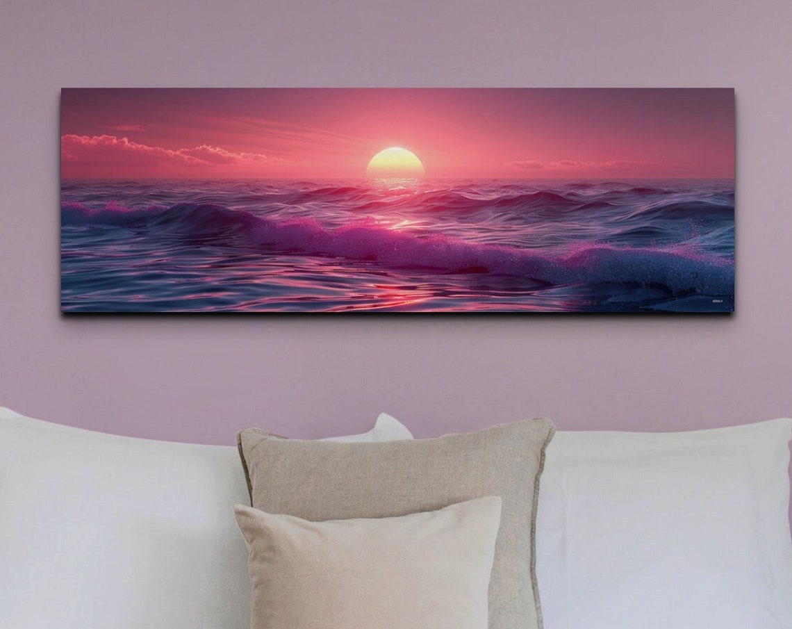 Pink Ocean Sunset with Waves Under Glowing Sun Panorama Wall Art