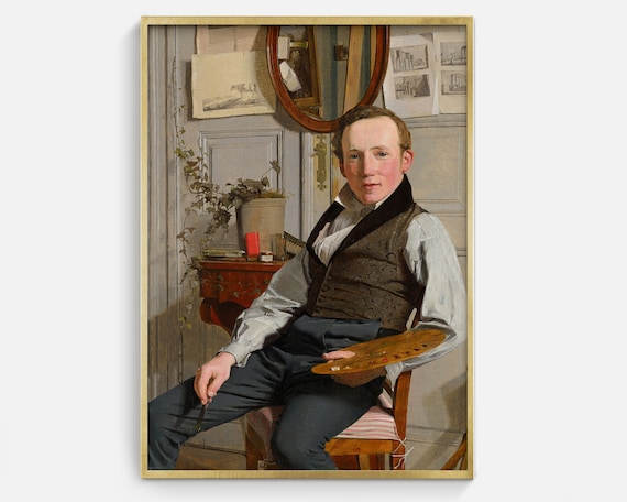 Young Artist Self Portrait Studio Palette Sketches Wall Vintage Oil Painting Art Print