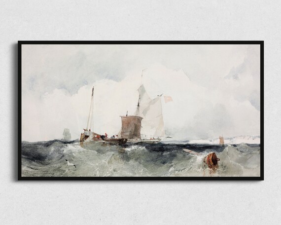 Sailing Ship Rough Seas Vintage Nautical Watercolor Wall Art Print