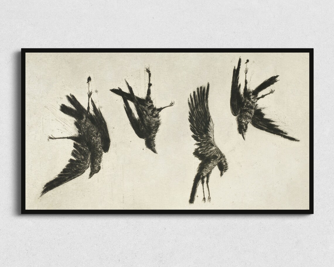 Halloween Falling Ravens, Monochrome Wall Art Print - Image 2
