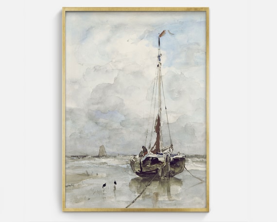 Moored Sailboat Calm Shore Vintage Nautical Watercolor Art Print