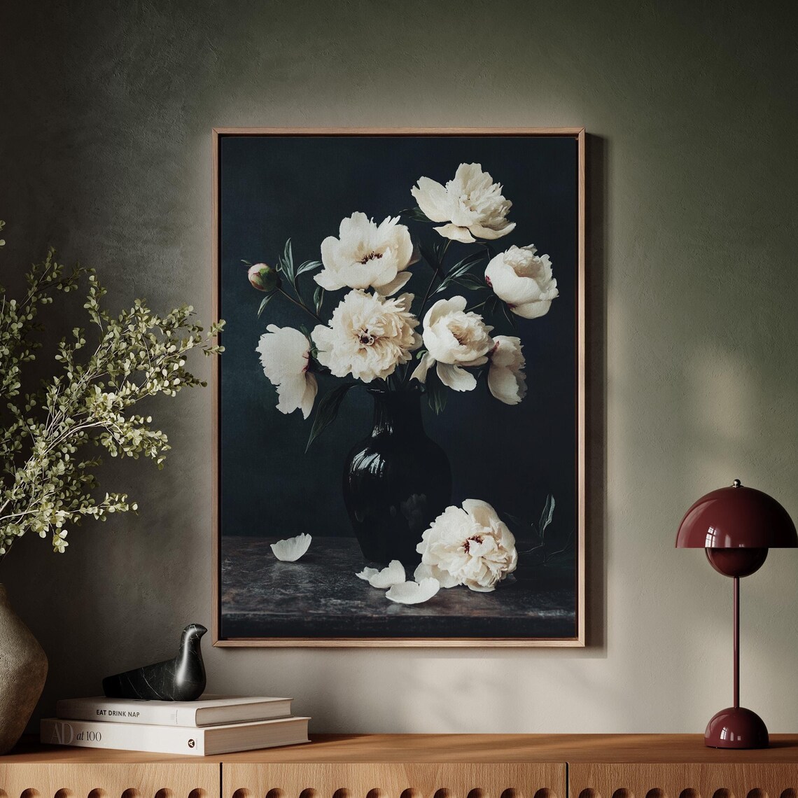 White Peonies In Black Vase Dark Moody Floral Still Life Wall Art
