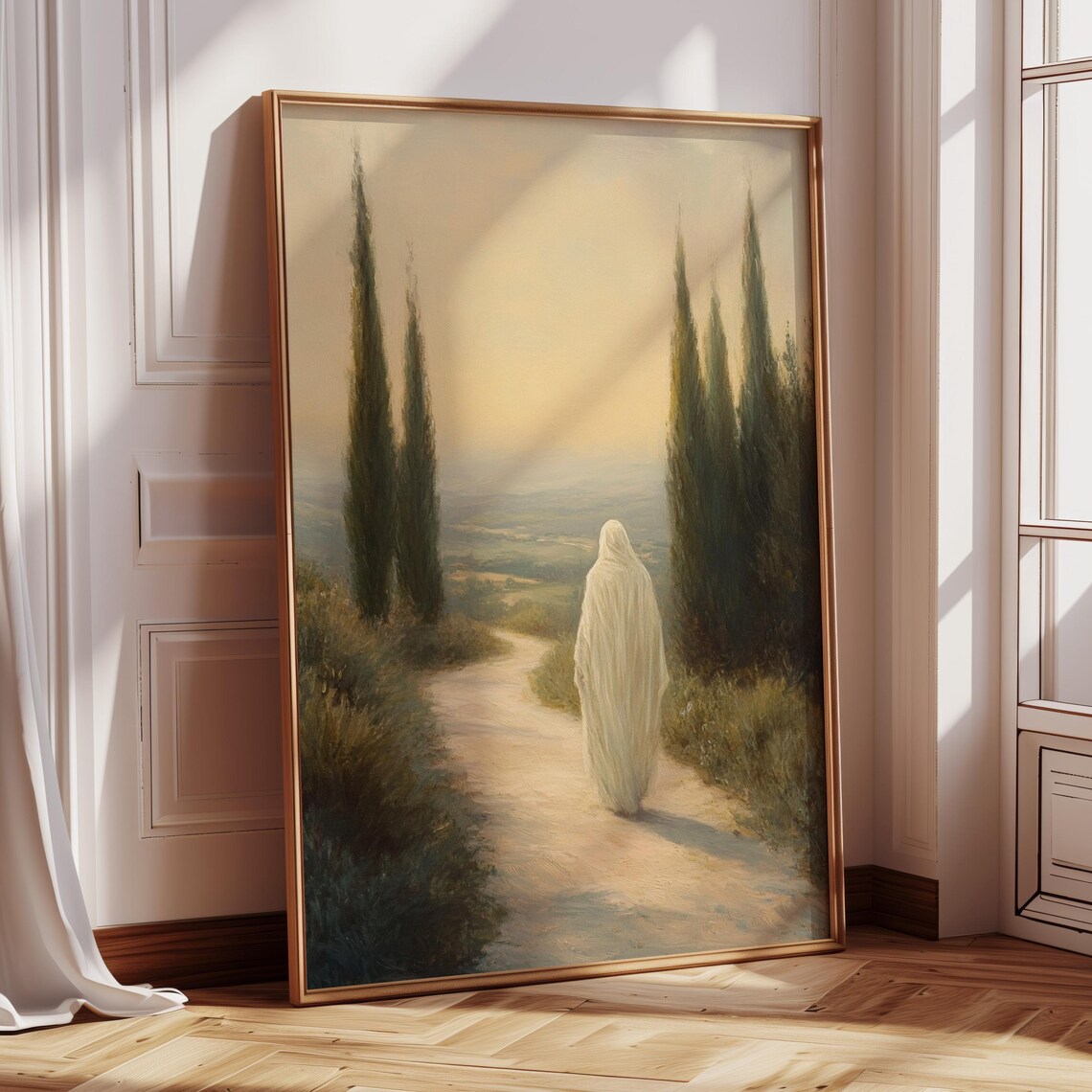 Serene Walk With Christ, Peaceful Landscape Art Print