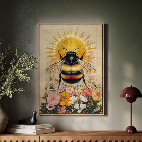 Radiant Bee And Floral Wall Art Colorful Botanical Print For Kitchen Nursery Or Living Room Nature Inspired Home Decor