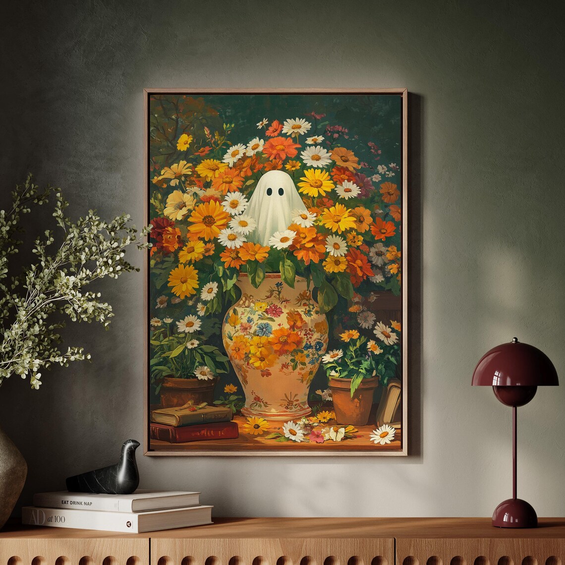 Ghost In Autumn Flower Vase Playful Halloween Floral Wall Art