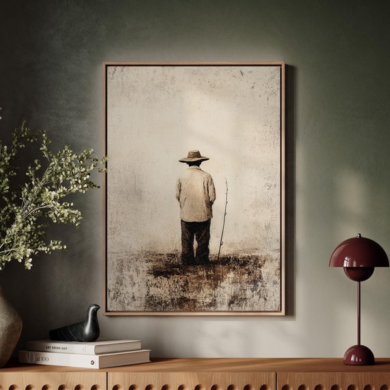 Rustic Fisherman Art Print Minimalist Vintage Painting Of Man With Fishing Rod Nostalgic Farmhouse Wall Decor For Cozy Spaces