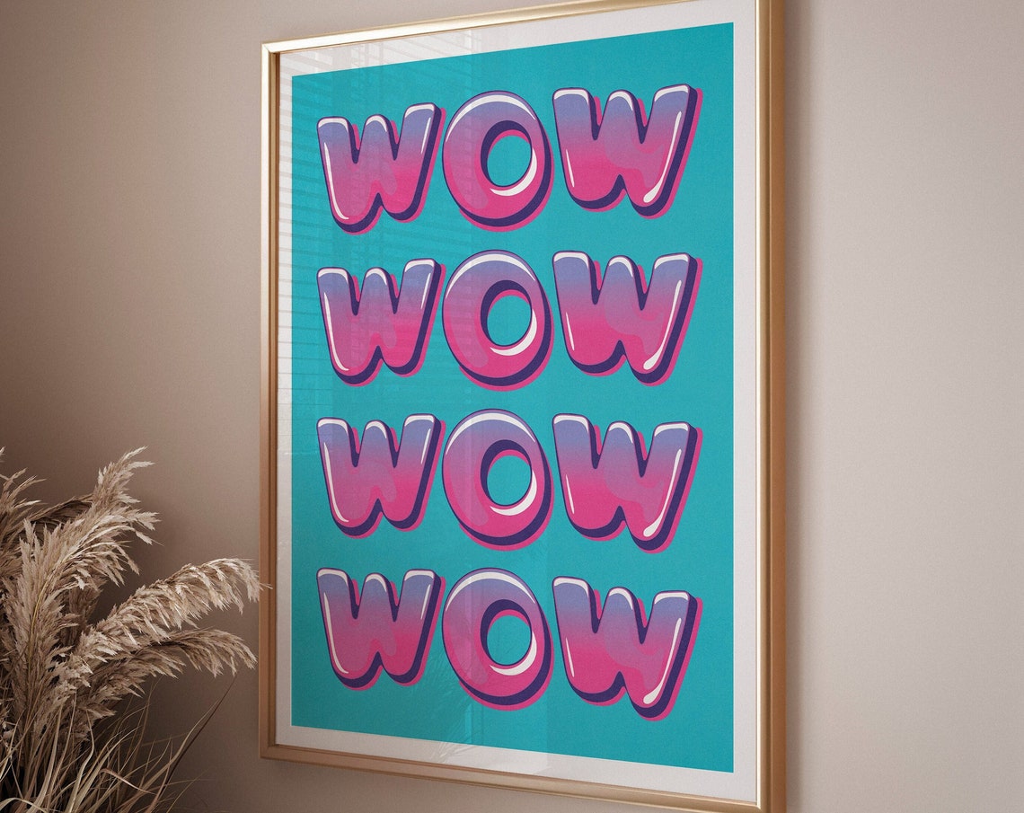 Pink Bubble WOW Lettering Teal Background Pop Typography Poster - Image 3