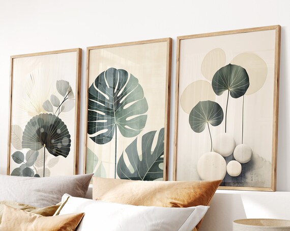 Botanical Wall Art Set Japandi Style Sage Green
