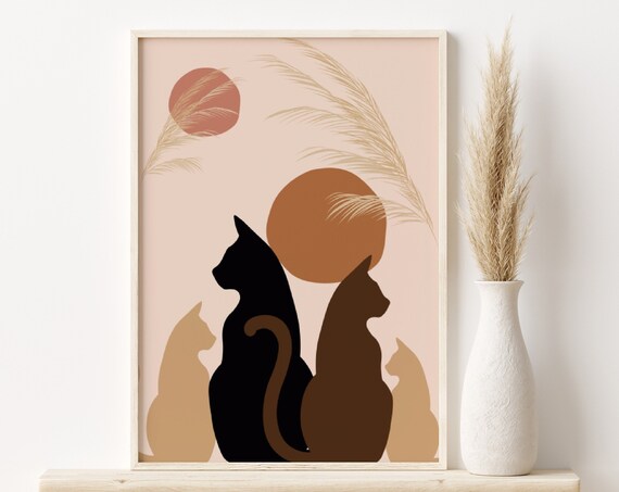 Modern Boho Cat Silhouettes Sunset Abstract Minimalist Cat Poster