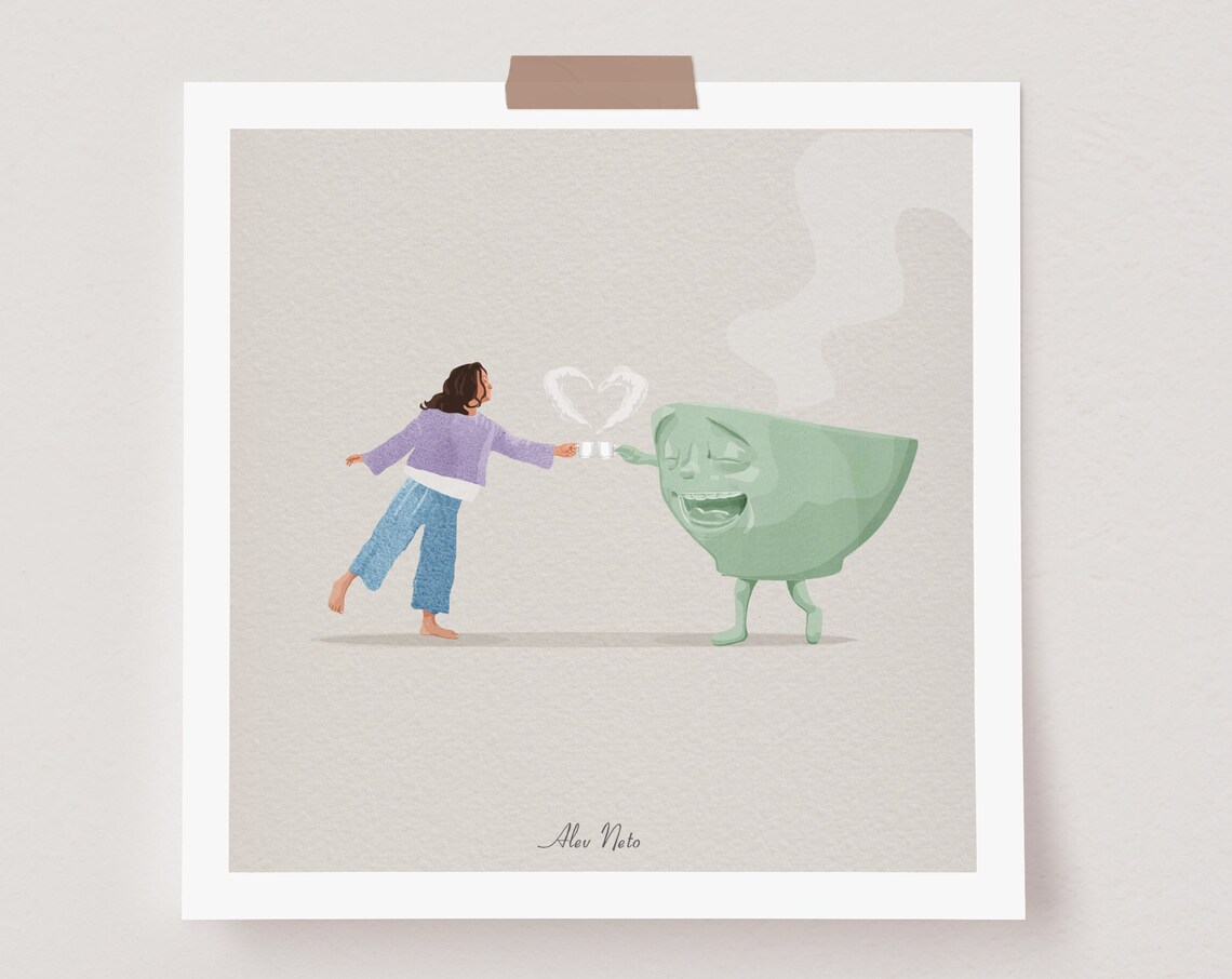 Girl Sharing Coffee With a Laughing Giant Teacup Character Poster