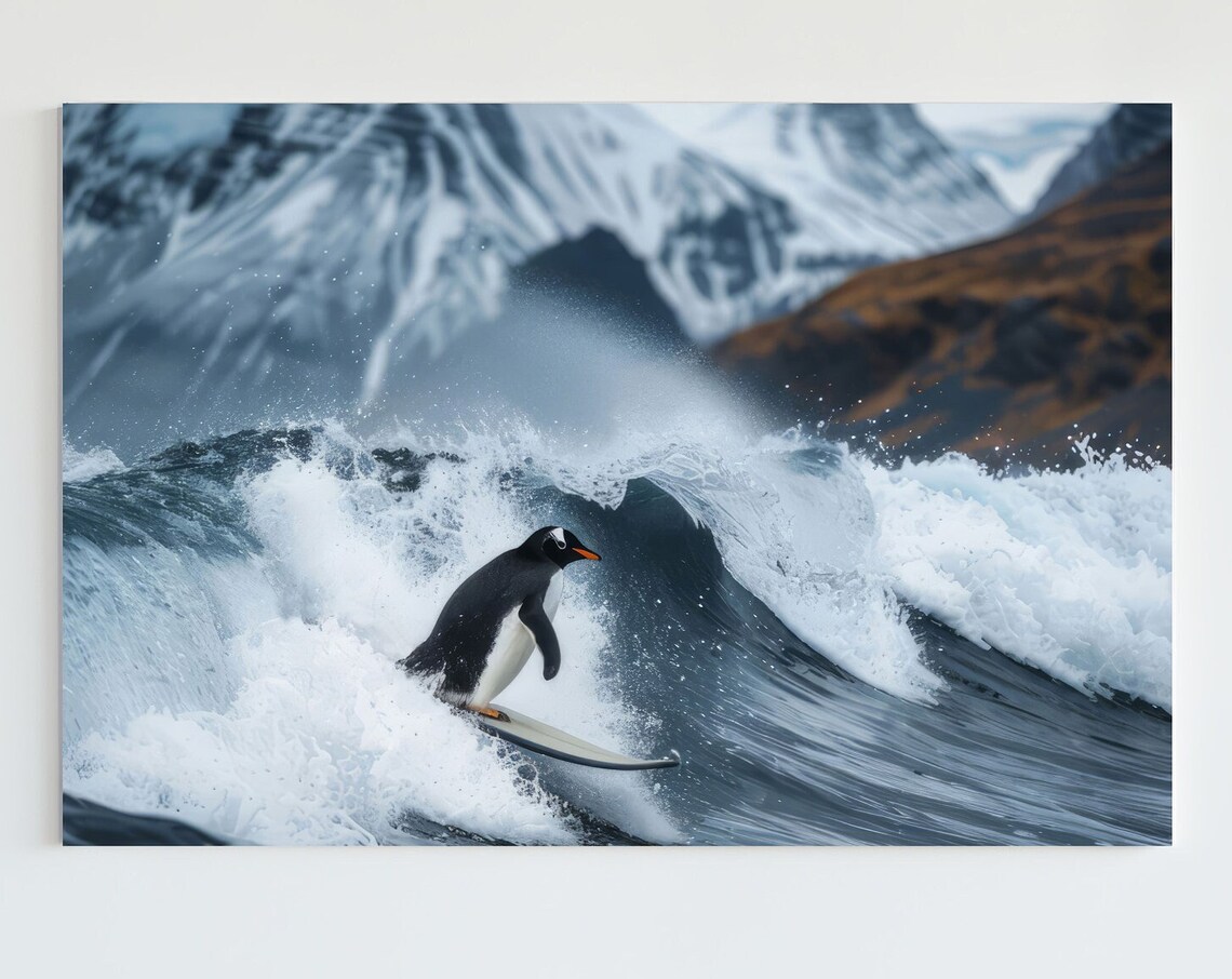 Penguin Art Print, Funny Surfing Antarctic Decor