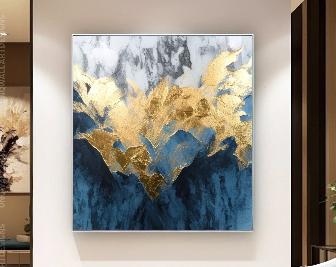 Blue Gold Leaf Abstract Art, Grey Gold Texture Print
