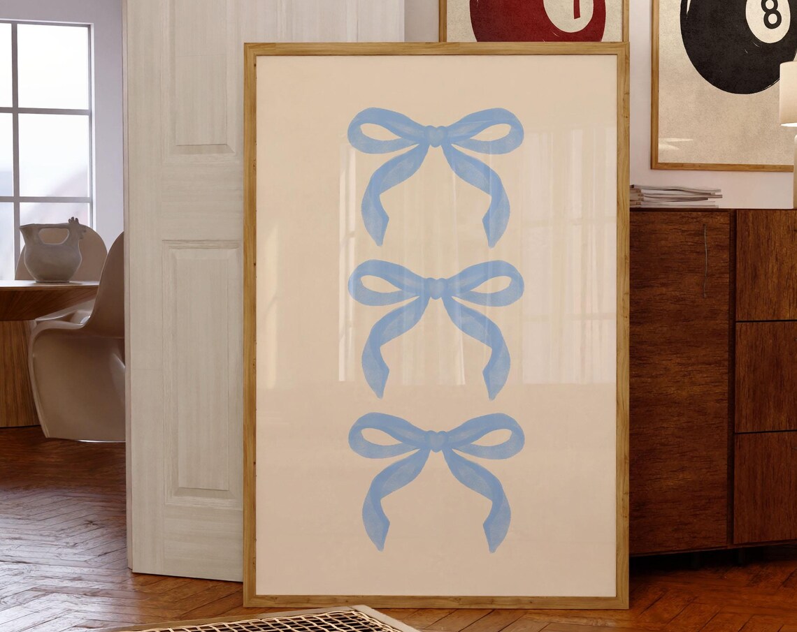 Trendy Coquette Blue Bow, Vintage Art Print