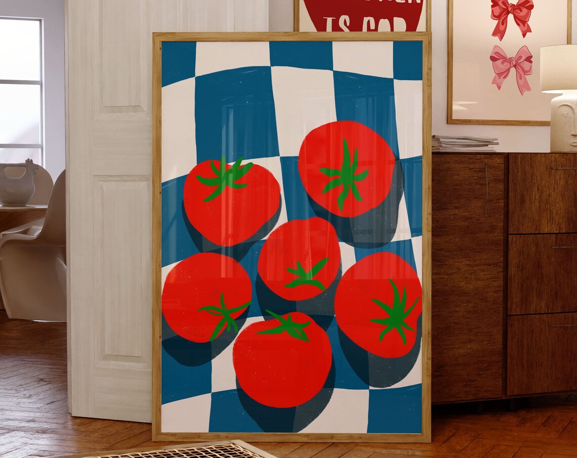 Retro Red Tomatoes on Blue Checkered Kitchen Food Art Poster - Image 3