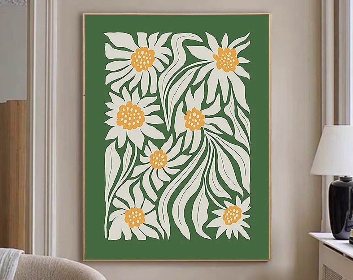 Green Retro Daisy Floral Art With Mustard Centers Botanical Poster