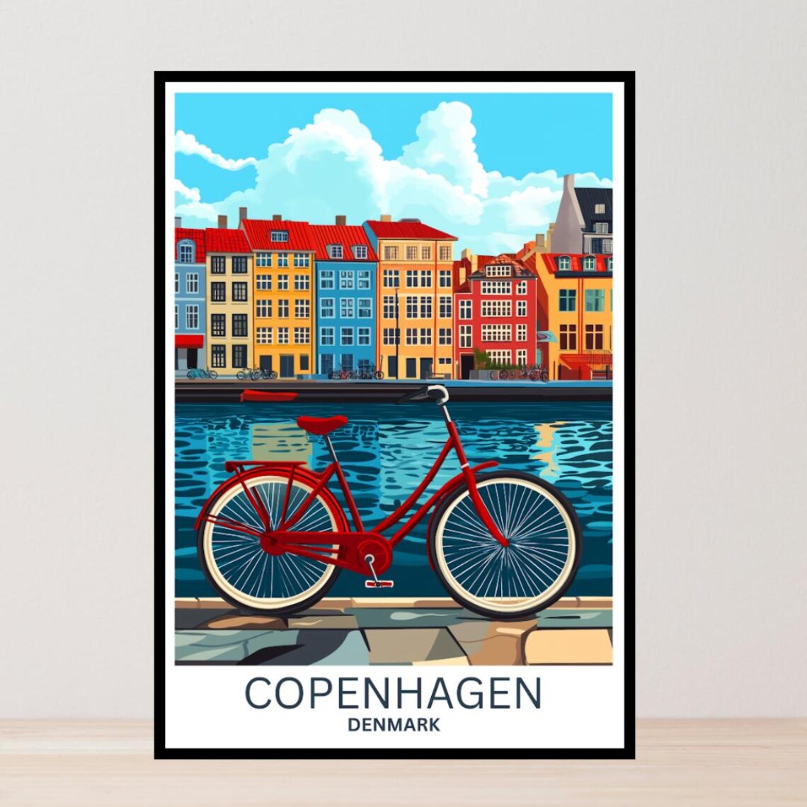 Copenhagen Denmark Colorful Harbor Houses Red Bicycle Art Poster