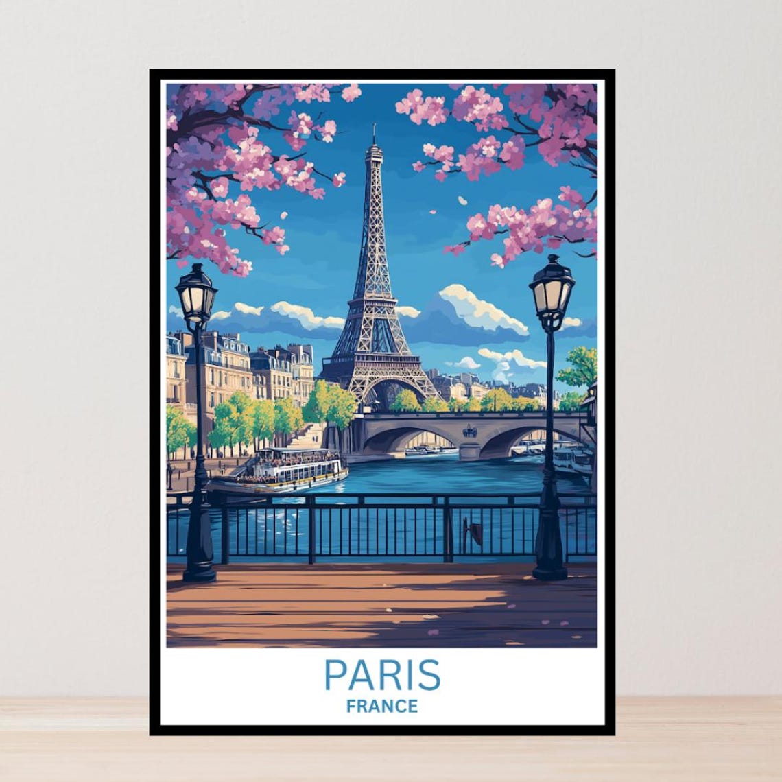 Paris France Eiffel Tower Cherry Blossoms Seine Vintage Travel Poster