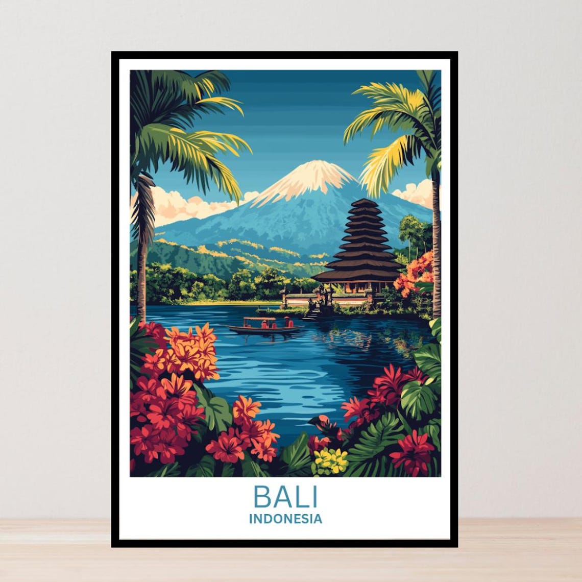 Bali Indonesia Tropical Lakeside Temple Volcano Garden Poster