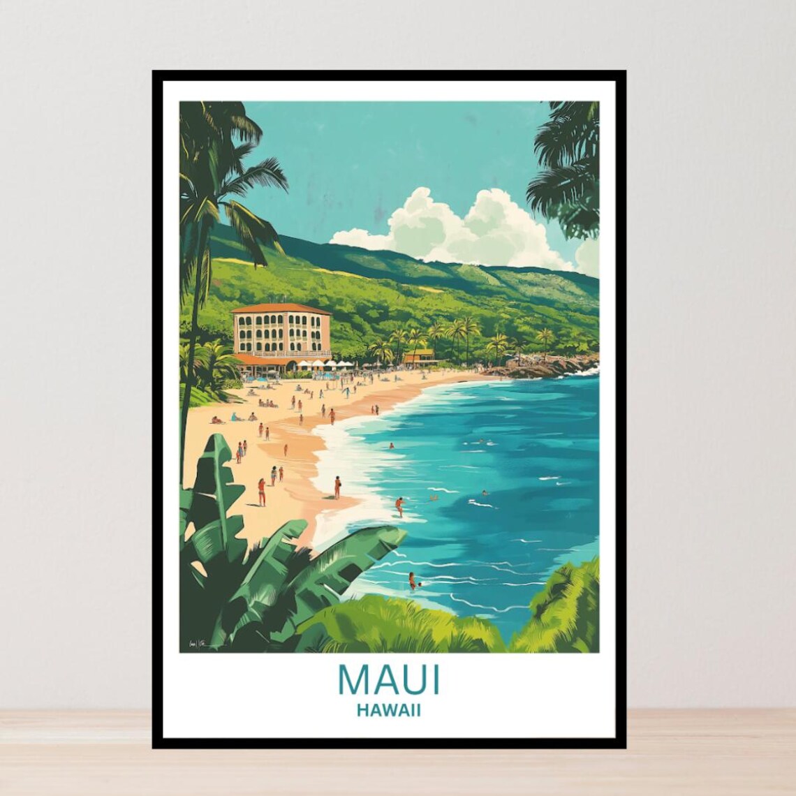 Maui Hawaii Beach Hotel Bay Swimmers Green Hills Travel Poster