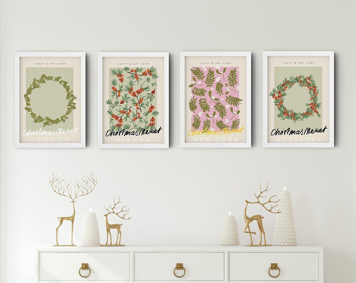 Christmas Market Botanical Prints London Vienna New York Set Wall Art