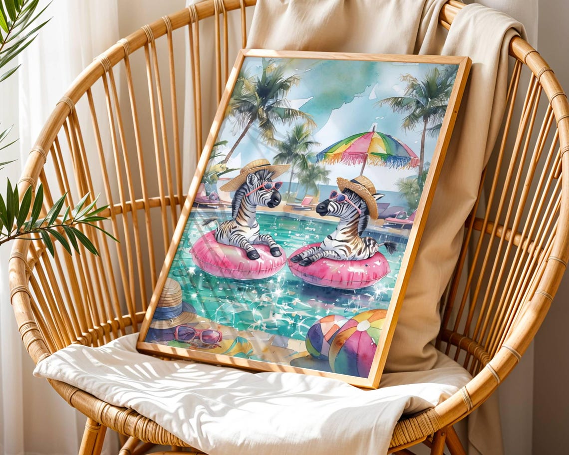 Zebra Pool Funny Coastal Tropical Animal Art Print - Image 2