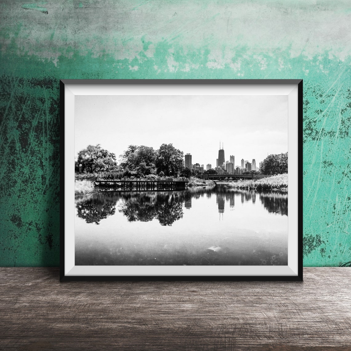 Chicago Skyline Mirror Reflection Over Calm Lagoon Water Poster - Image 2