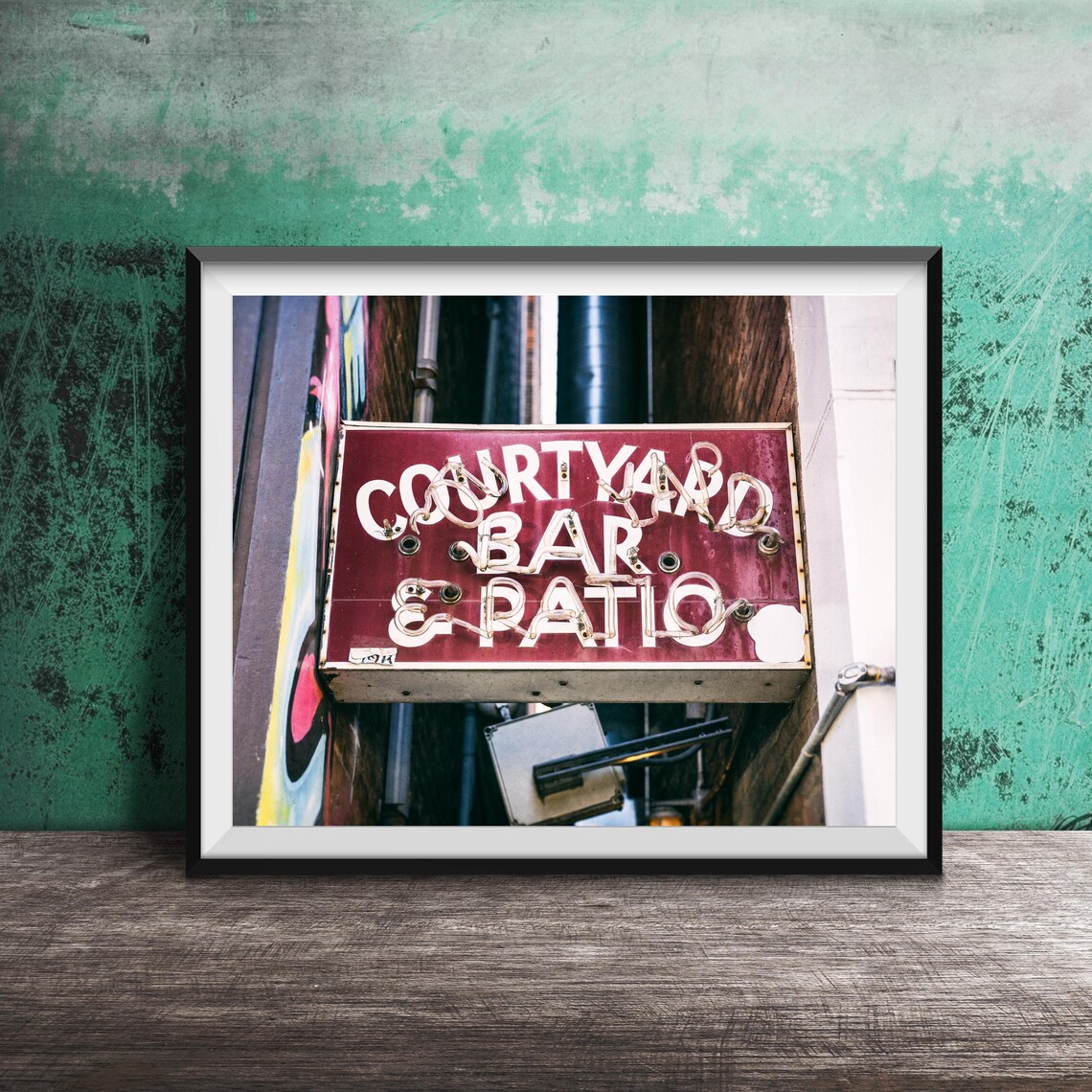 Courtyard Bar And Patio Neon Sign Black And White Photo Print - Image 3