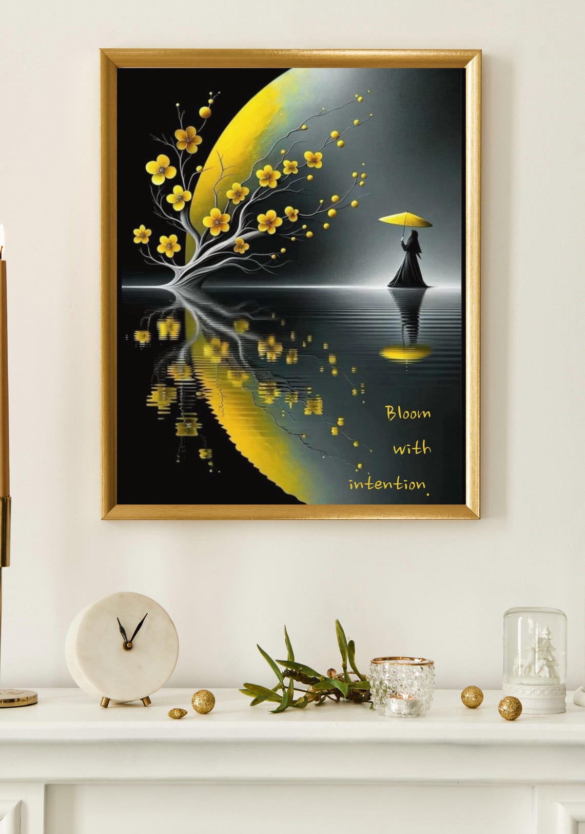 Bloom With Intention Quote Golden Moon Flowering Tree Umbrella Poster