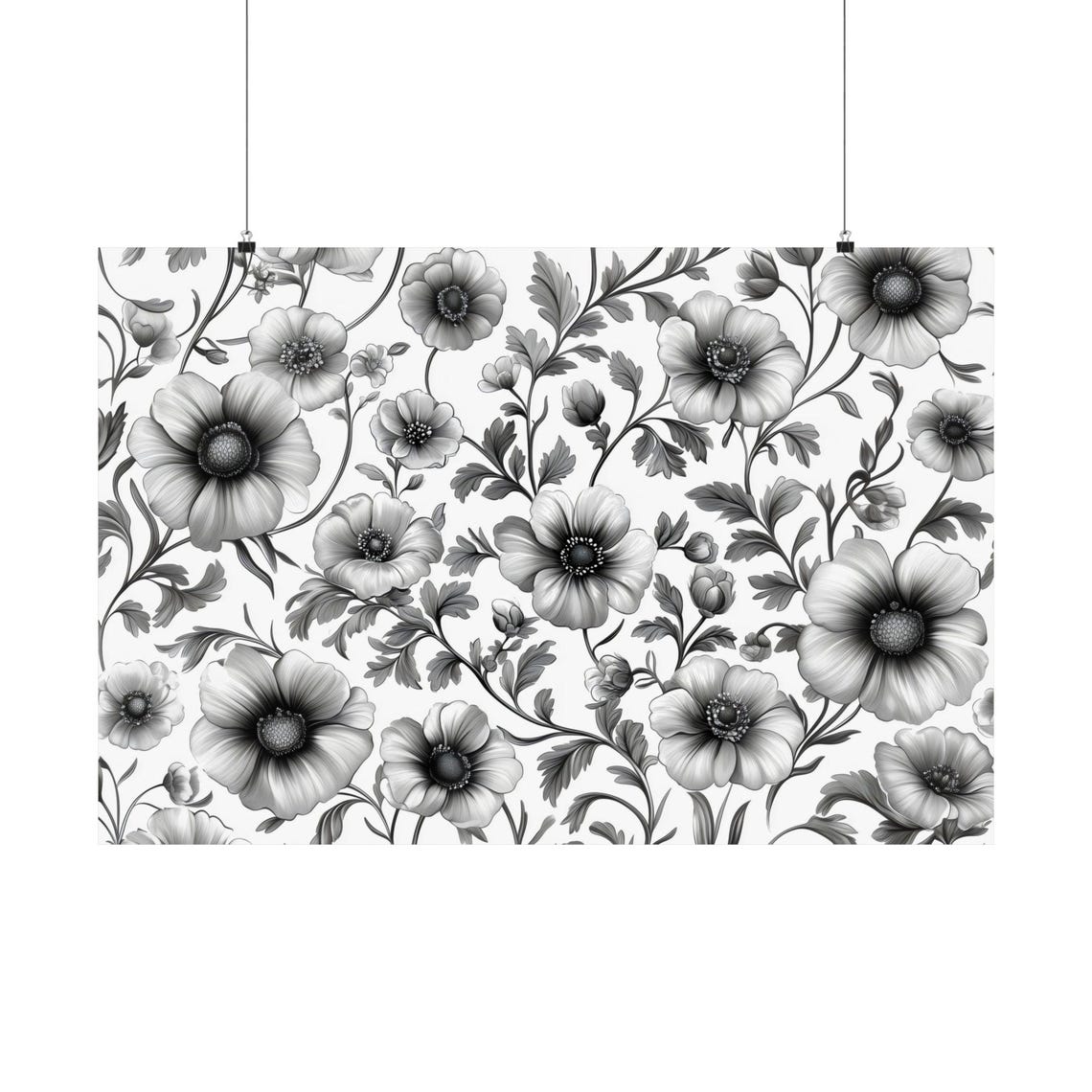 Black and White Floral Pattern Botanical Line Art Vintage Style Poster