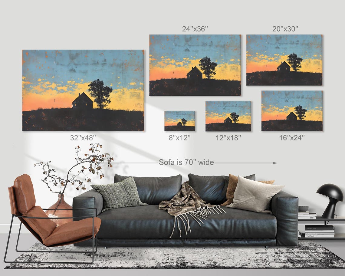 Lonely Farmhouse Silhouette Hill Moody Orange Blue Sunset Print - Image 3
