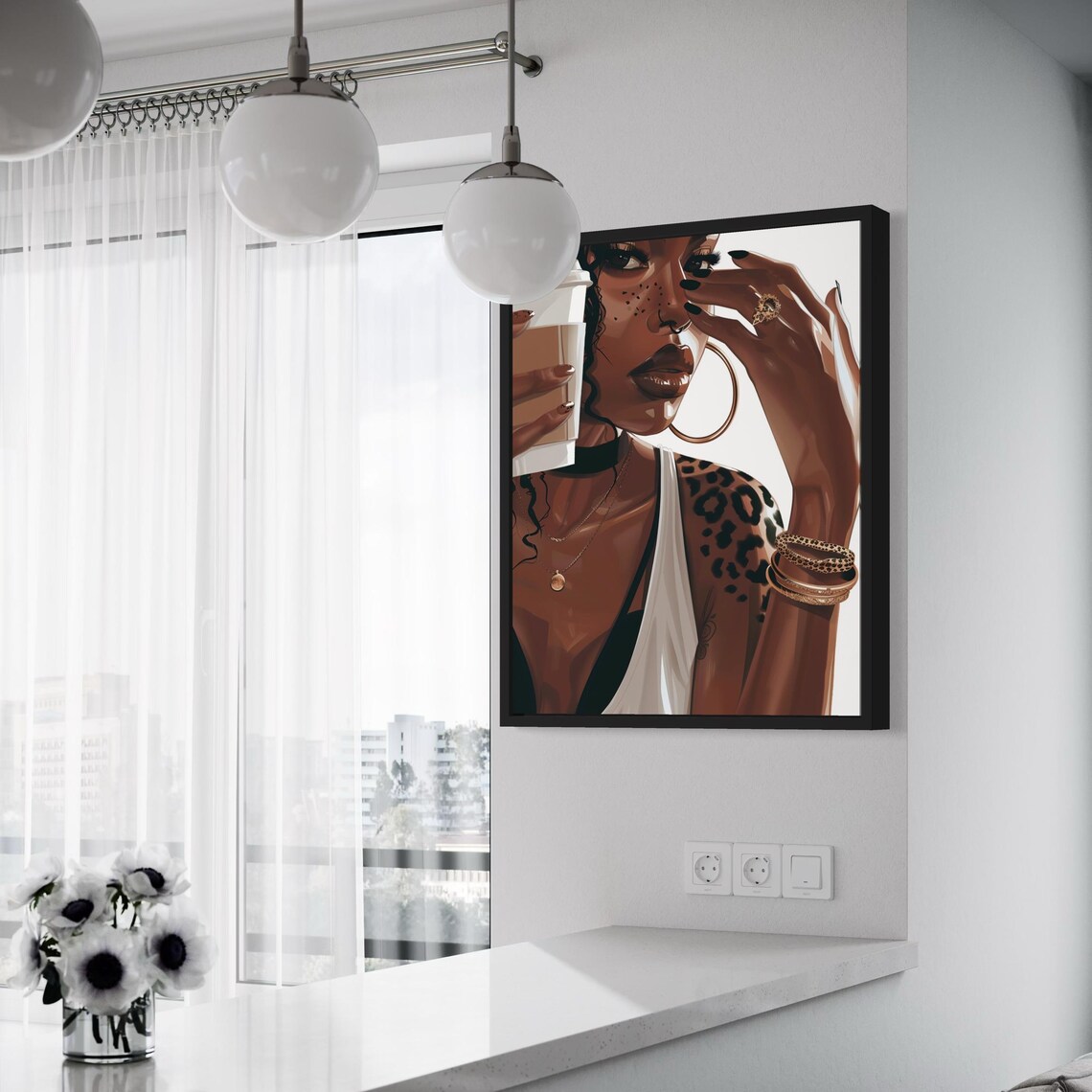 Black Woman Holding Coffee Cup Leopard Spots Glamour Art Poster - Image 4