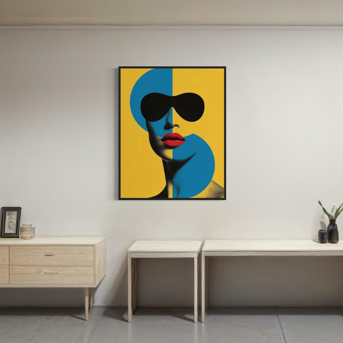 Pop Art Woman Face With Yellow Blue Split and Red Lips Art Poster - Image 5