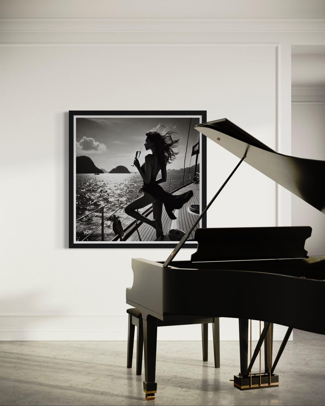 Black and White Yacht Deck Woman Champagne Glass Sailing Poster