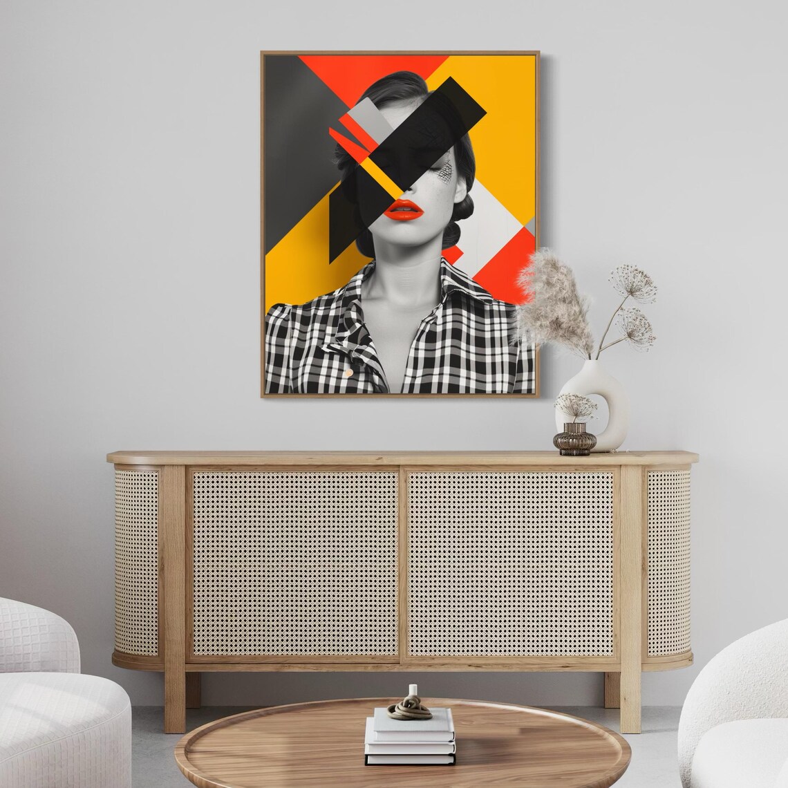 Woman in Checkered Shirt With Bold Geometric Face Shards Art Poster - Image 5