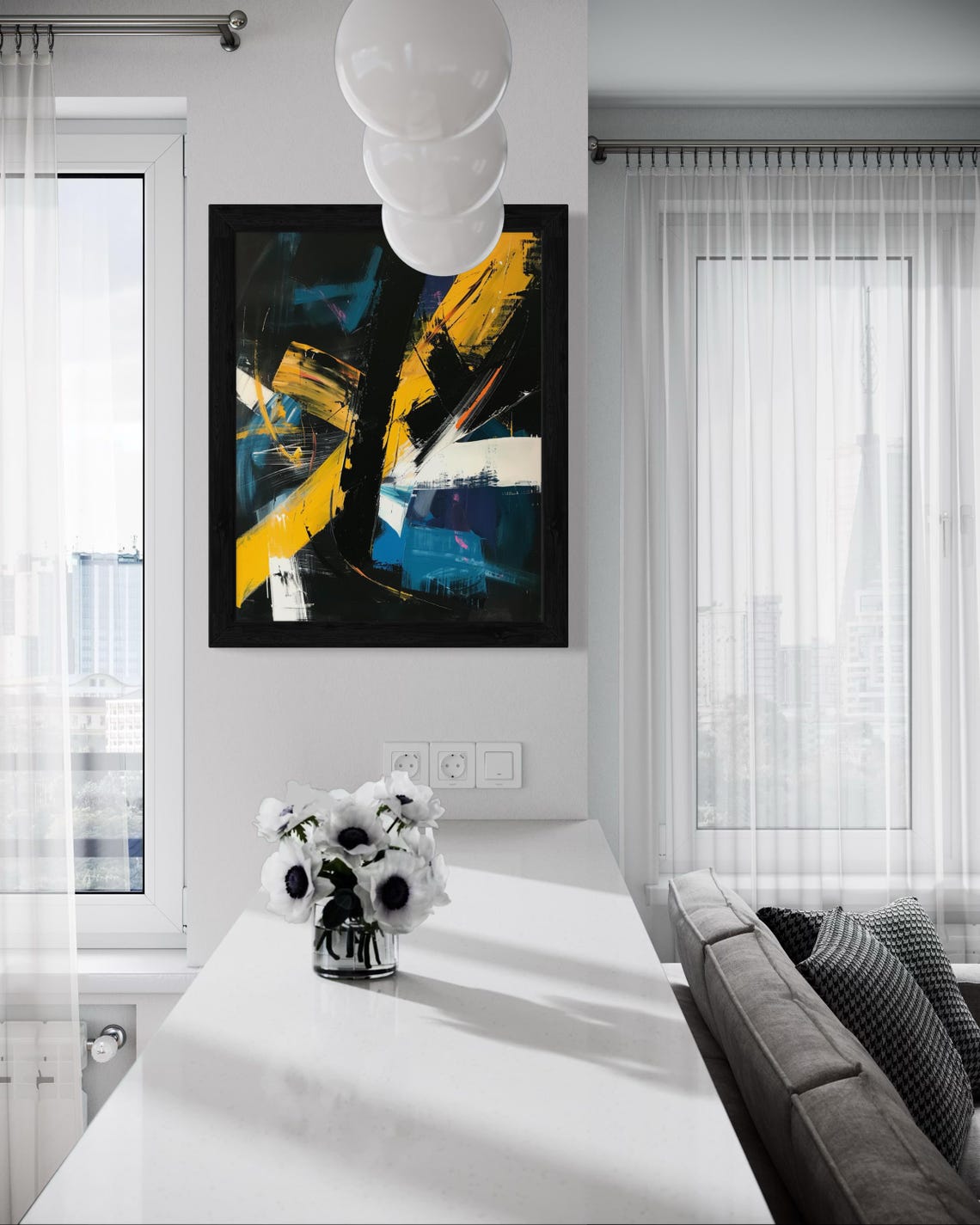 Dark Abstract Painting Yellow Blue White Bold Modern Wall Art - Image 2