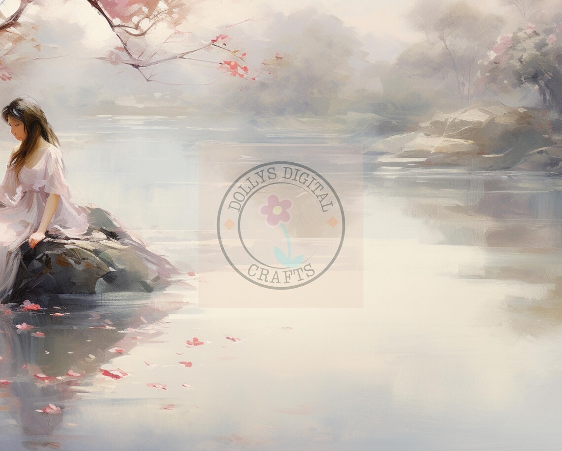 Woman Misty Lake Cherry Blossom Rocks Serene Calm Art Poster - Image 4