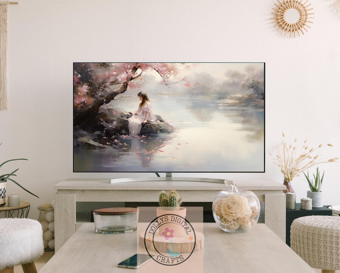 Woman Misty Lake Cherry Blossom Rocks Serene Calm Art Poster - Image 3