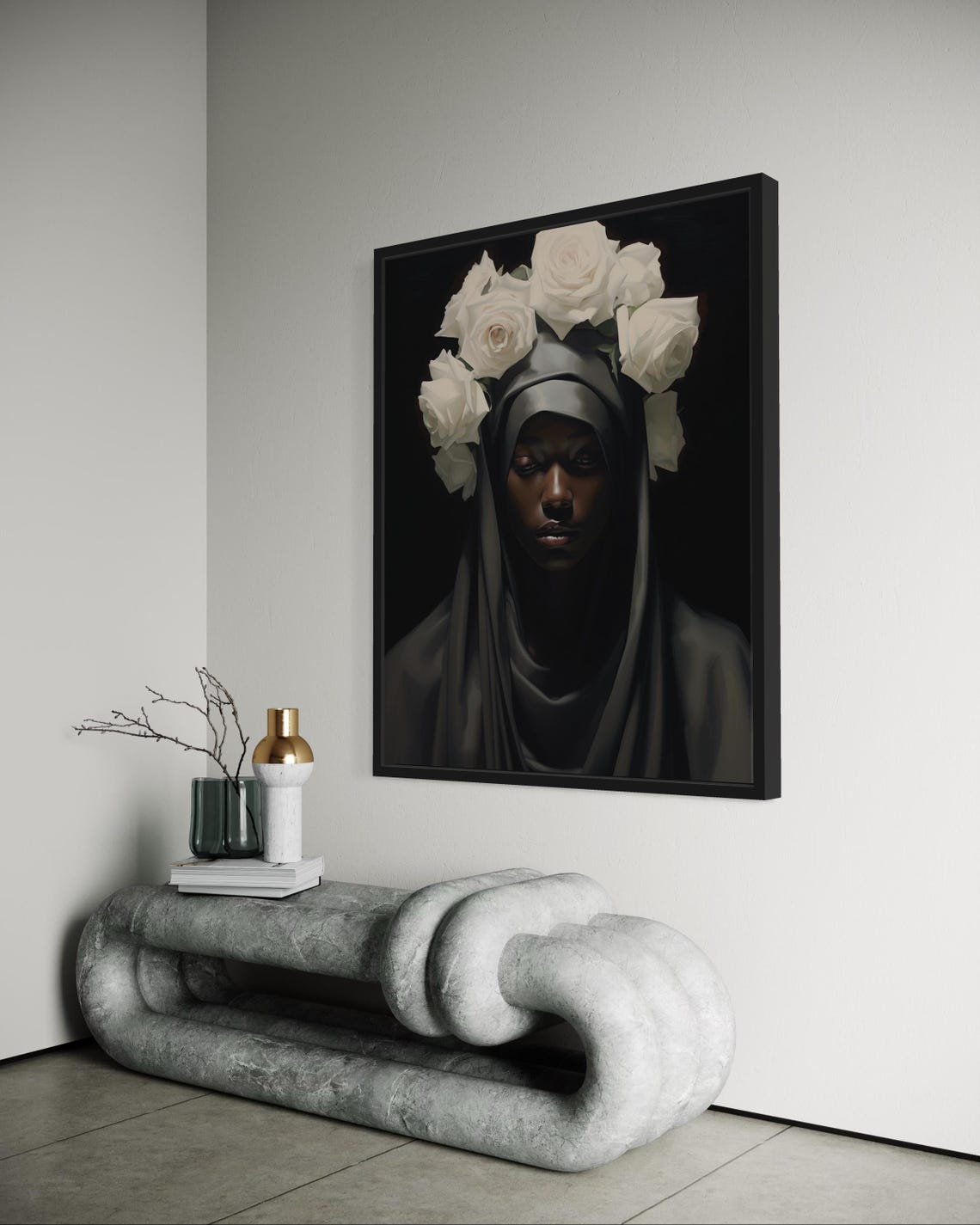 Black Woman White Rose Crown Portrait Dark Elegant Beauty Poster - Image 2