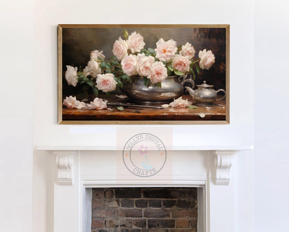 Pink Roses Silver Vase Still Life Oil Painting Floral Poster - Image 7