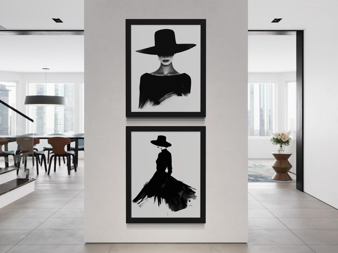 Two Piece Black And White Woman With Hat Portrait Art Print Set - Image 7