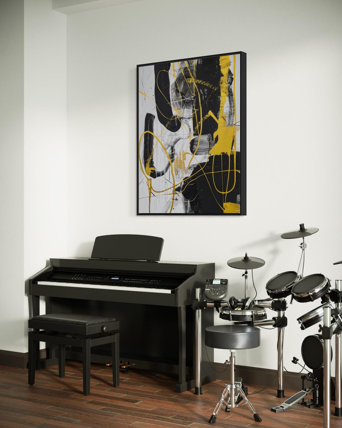 Modern Abstract Art In Black White And Yellow Bold Geometric Lines Print Contemporary Home Decor - Image 5