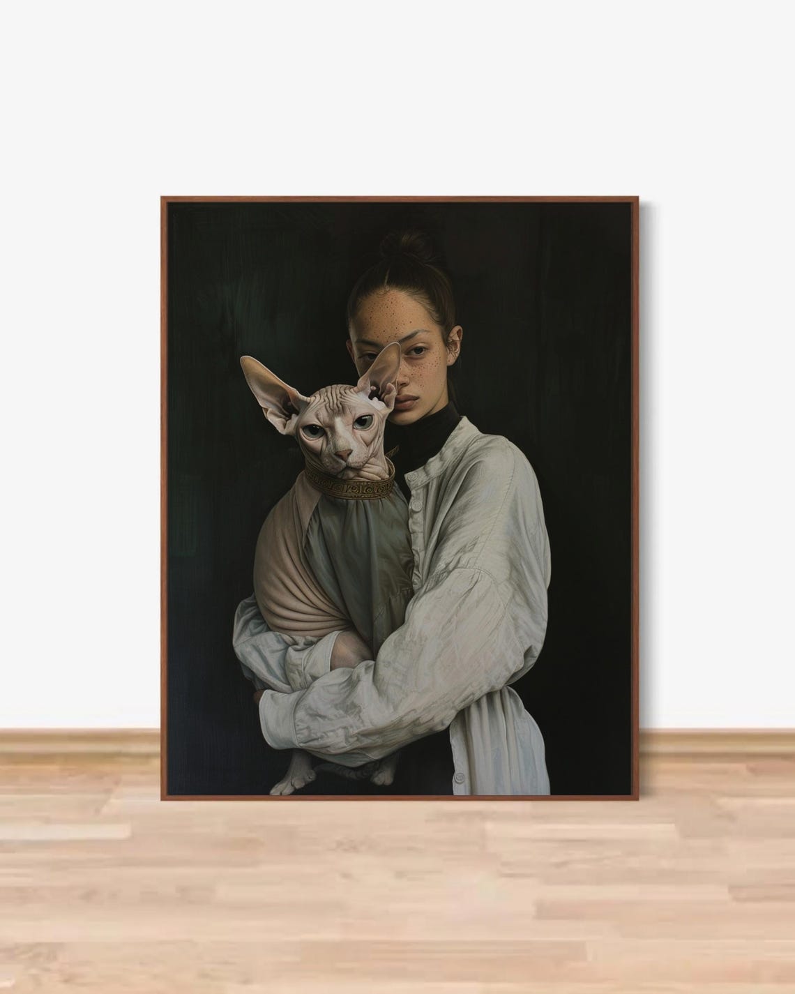Moody Girl Holding Sphynx Cat Dark Oil Style Fine Art Poster - Image 5