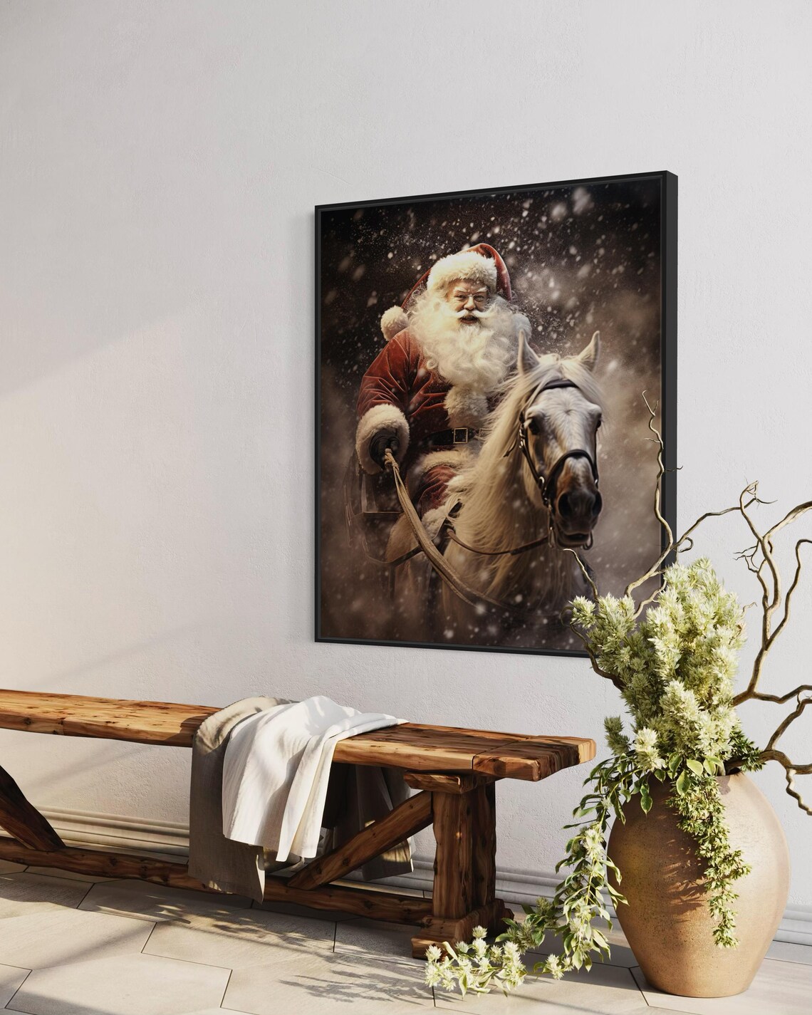 Vintage Santa Claus Riding White Horse Snowy Christmas Scene Poster - Image 3