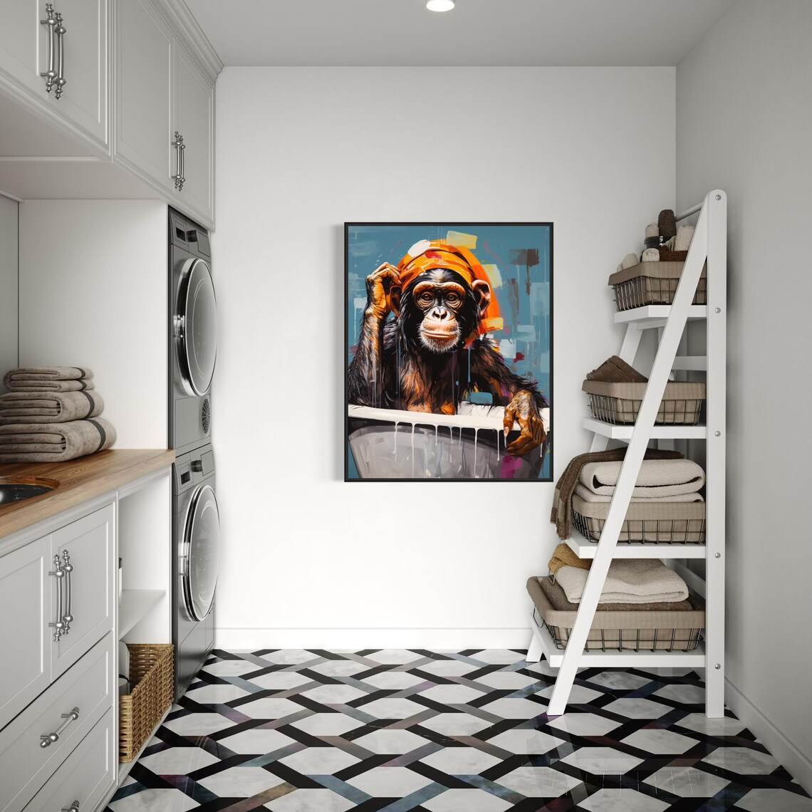 Chimpanzee in Bathtub Wearing Orange Turban Playful Art Poster - Image 3