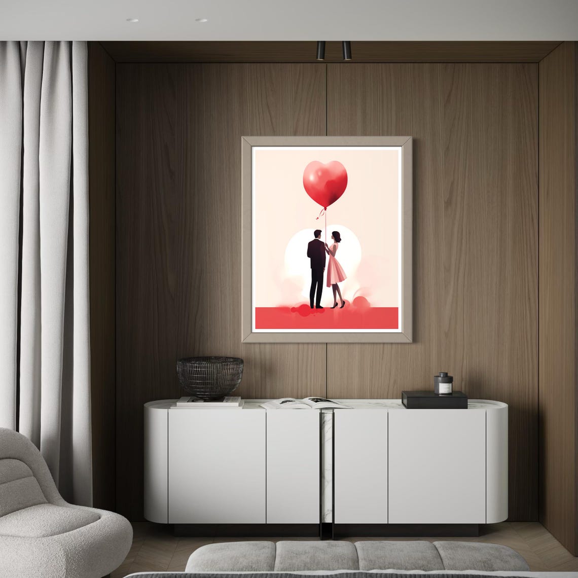 Minimalist Couple Red Heart Balloon Blush Love Scene Poster Home Decor - Image 6