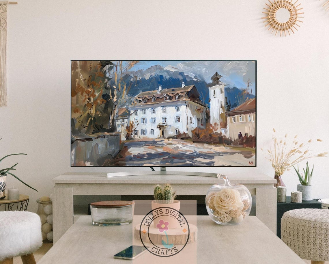 White Alpine Town Building Snowy Mountain Street Painting Poster - Image 3